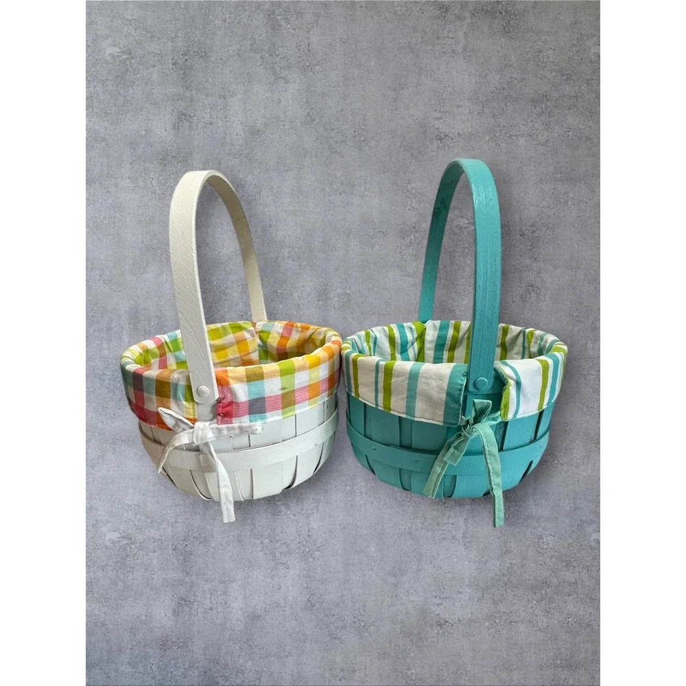 Baskets and Grass Easter Basket Set of 2 Kids White Teal Gingham Striped Slats